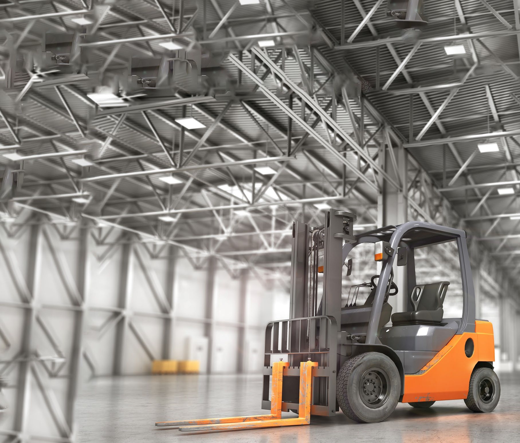 Forklift in an empty distribution centre hall
