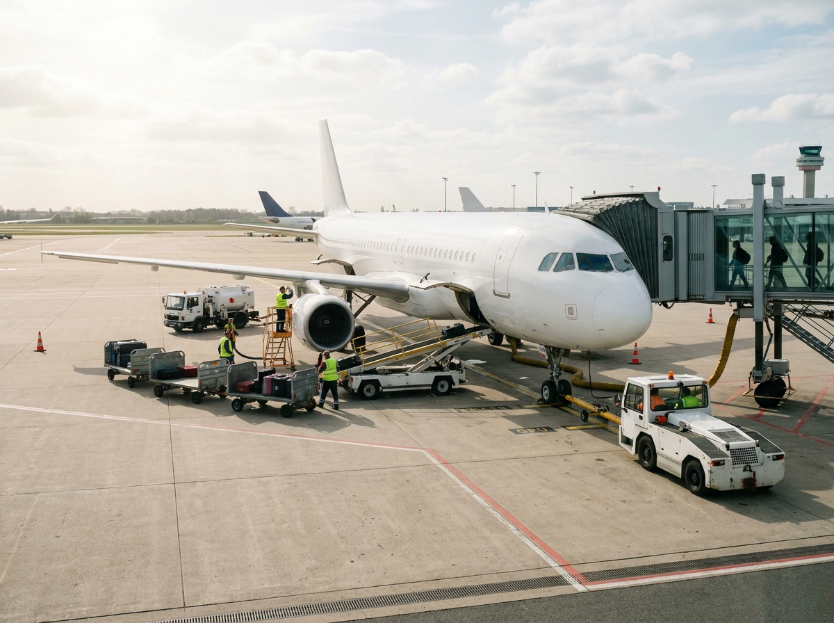 Commercial aircraft at a gate with ground support equipment and crew on the apron in daylight