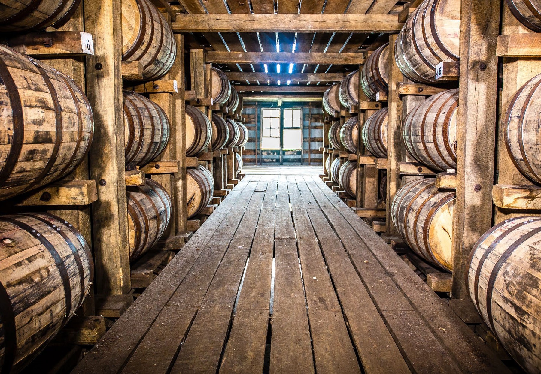 Wide view of a barrel warehouse with rows of maturing casks
