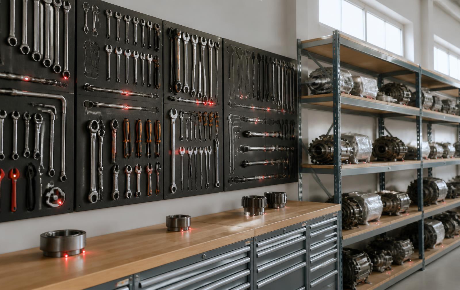 Shadow boards with calibrated hand tools beside shelving with packaged rotable components