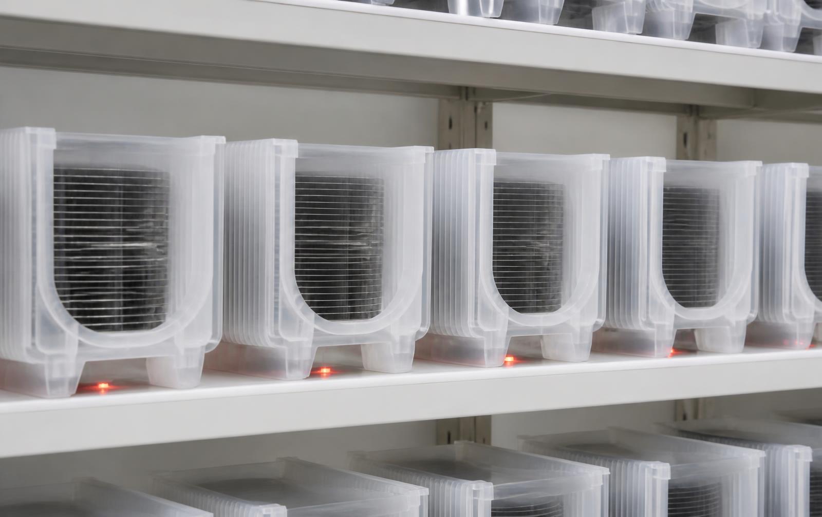 Sealed wafer carriers in even rows on clean shelving in a bright cleanroom
