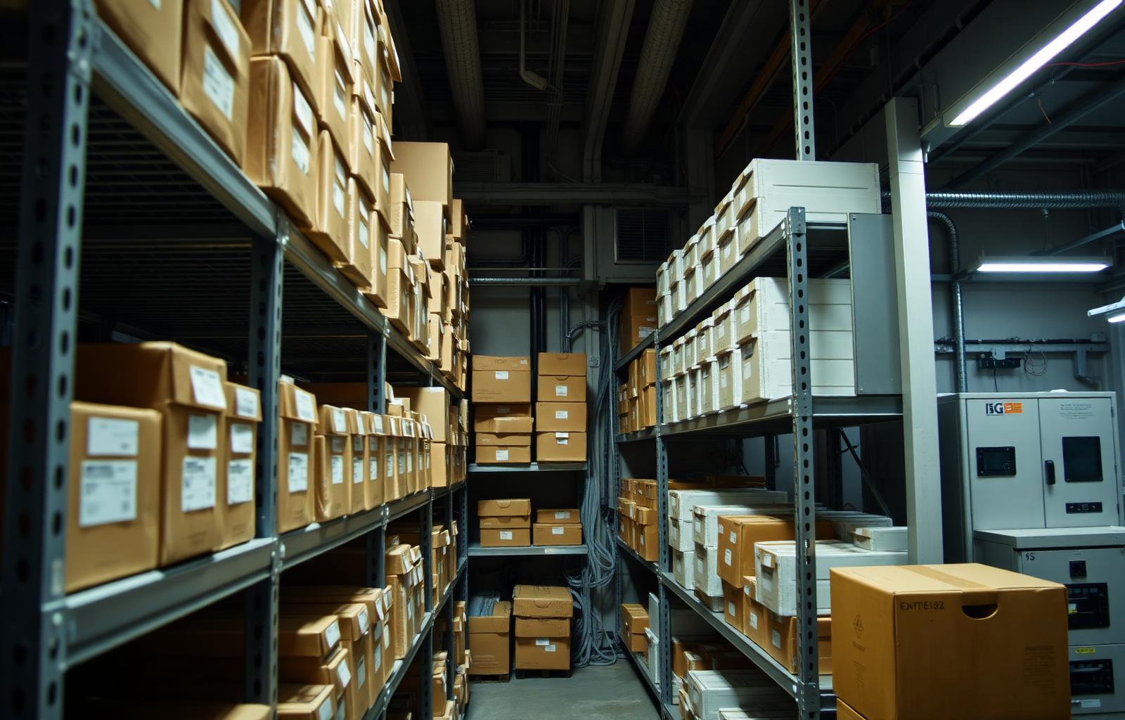 Spares store inside a technical building with boxed components and sealed modules on steel shelving
