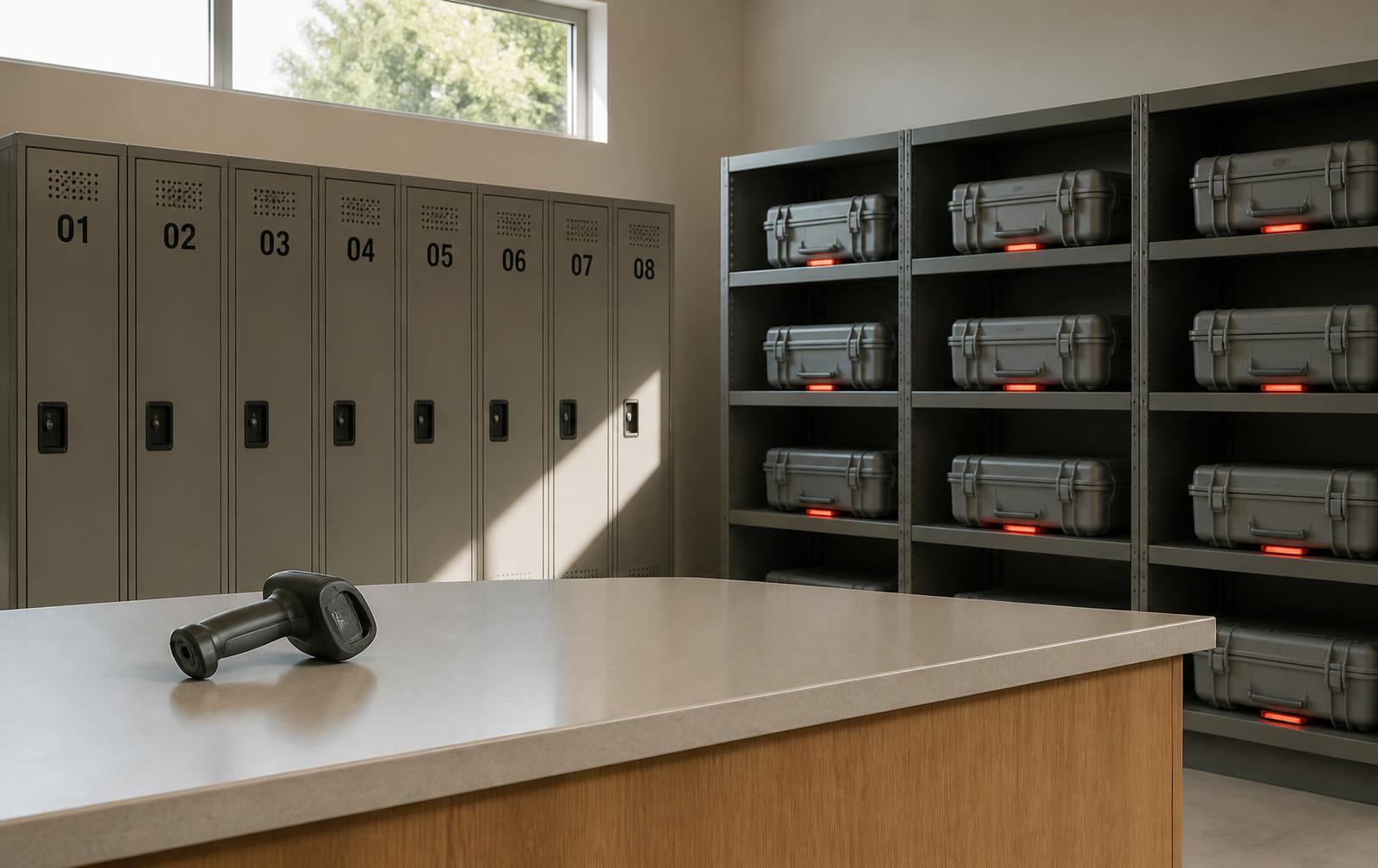 Equipment issue room with numbered lockers, sealed cases and a handheld scanner on the counter