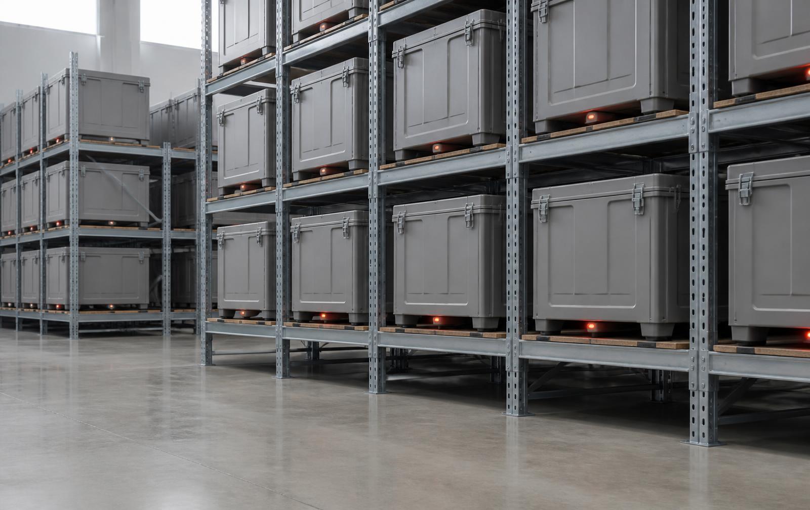 Sealed grey transport containers in even rows on steel racking in a storage hall