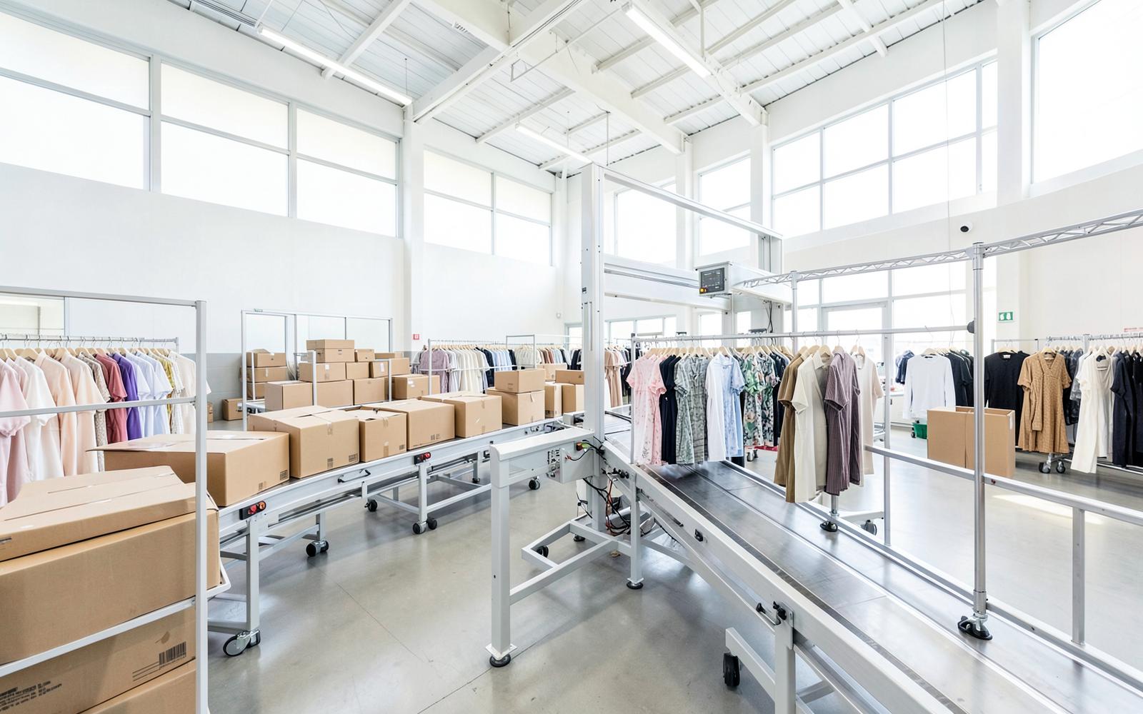 Garment cartons and hanging garments moving on a conveyor past a scanning gantry in a bright apparel distribution centre