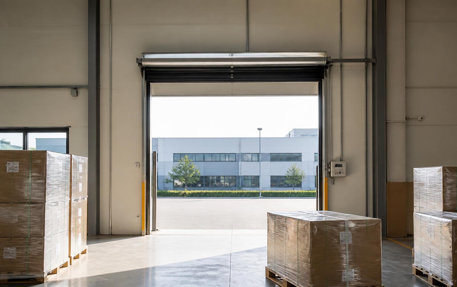 Dock door in a distribution centre with an RFID reader gantry above and wrapped pallets staged in front