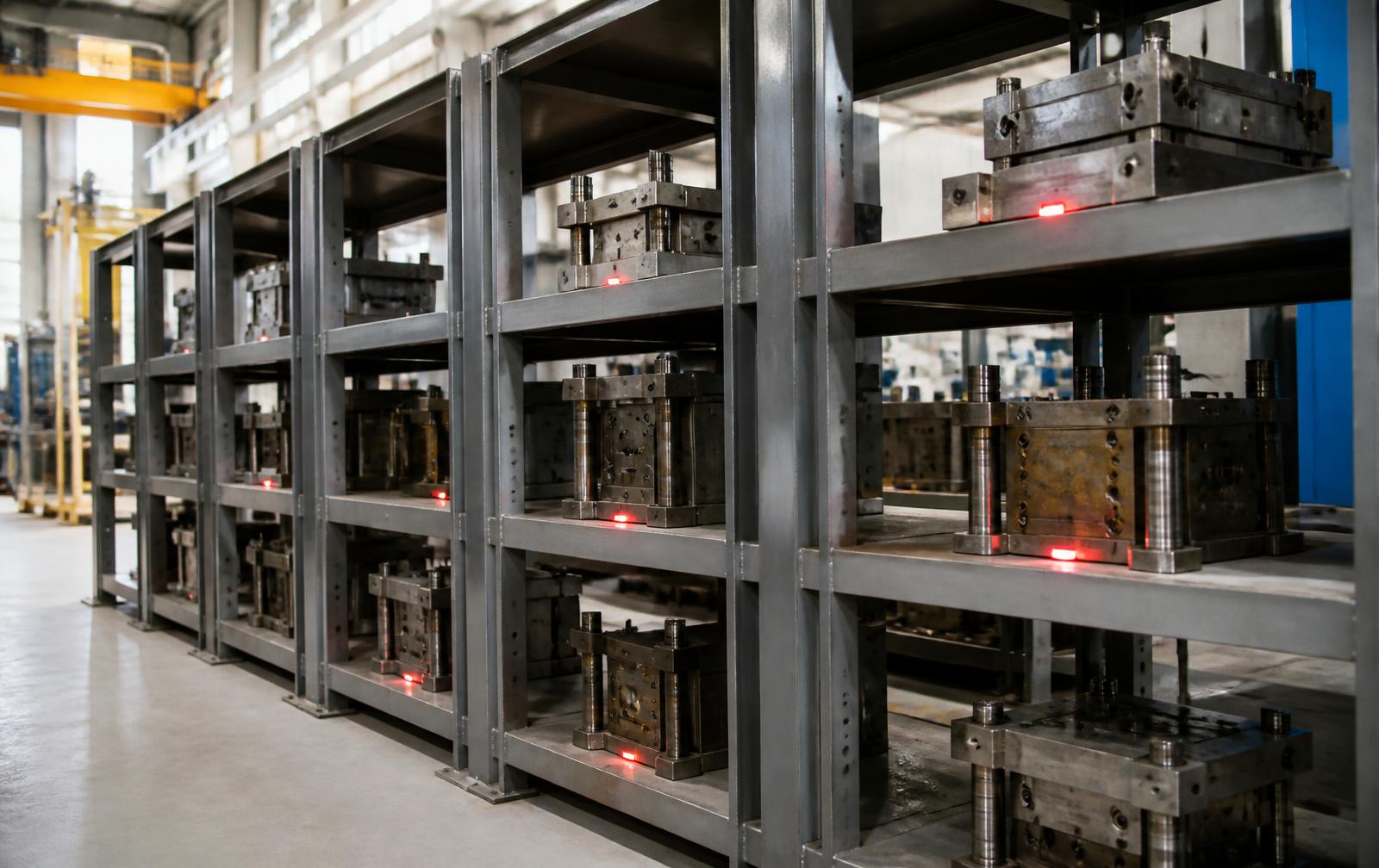 Tooling and moulds resting in bays on heavy steel racking on a bright shop floor