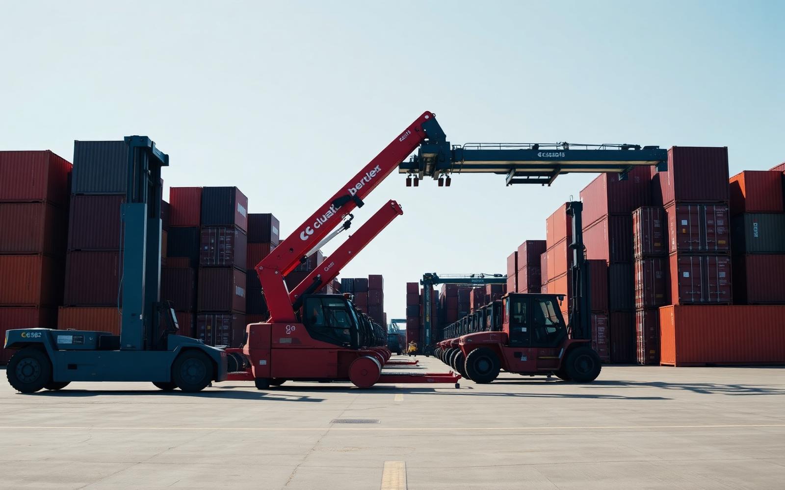 Reach stacker and empty container handlers in an orderly row on a bright container yard