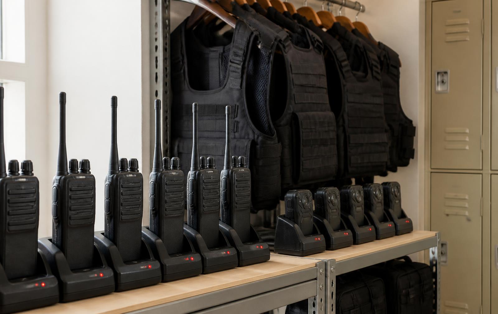 Charging rack with police radios and body cameras in an orderly equipment room