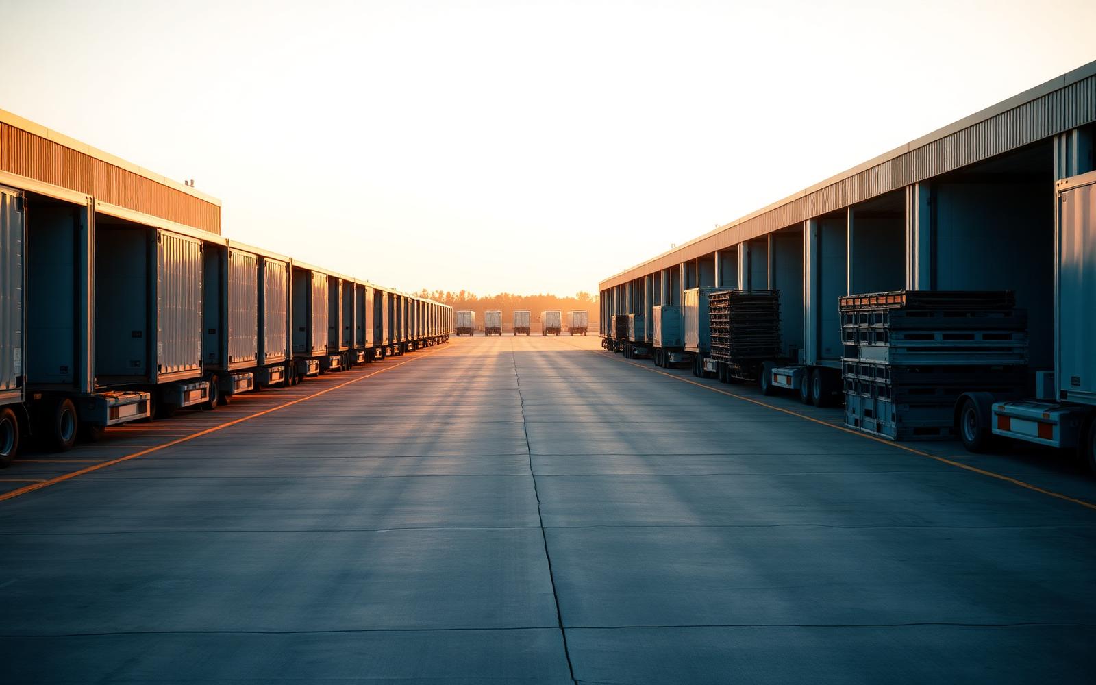 Logistics yard with trailers backed onto loading bays and load carriers standing on the apron