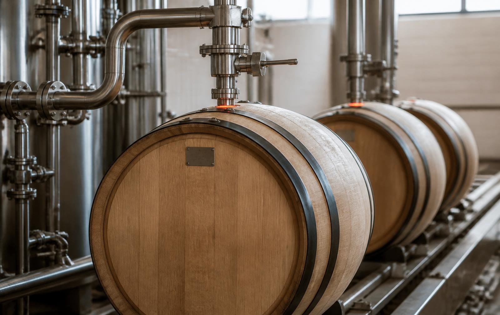 Oak cask on a distillery filling line beneath stainless steel pipework, with a flat tag on the cask head